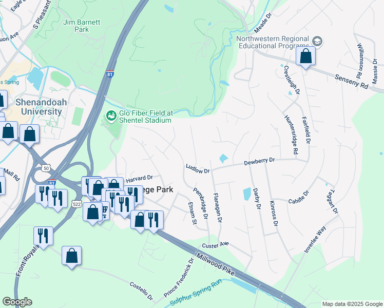 map of restaurants, bars, coffee shops, grocery stores, and more near 107 Keswick Court in Winchester