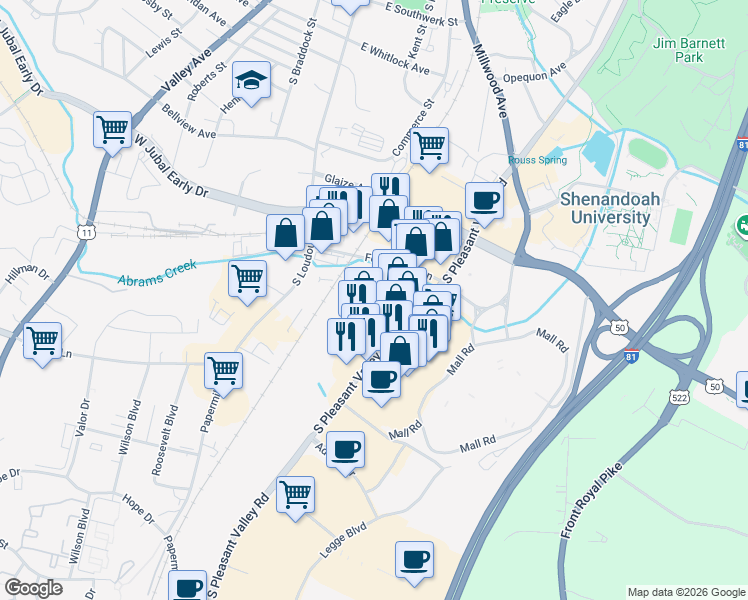 map of restaurants, bars, coffee shops, grocery stores, and more near 2045 South Pleasant Valley Road in Winchester