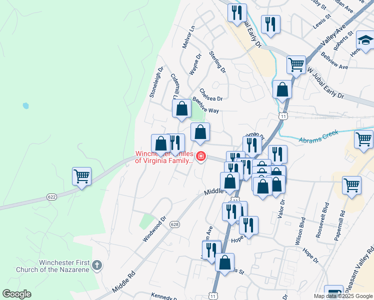 map of restaurants, bars, coffee shops, grocery stores, and more near 689 Hillman Drive in Winchester