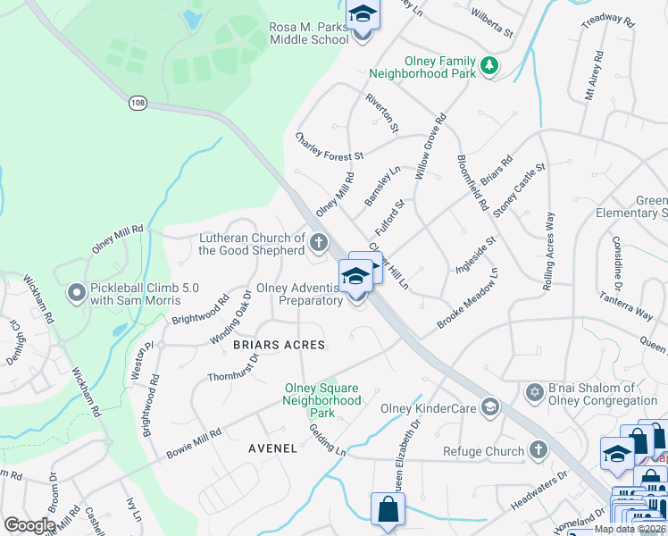 map of restaurants, bars, coffee shops, grocery stores, and more near 4133 Briars Road in Olney