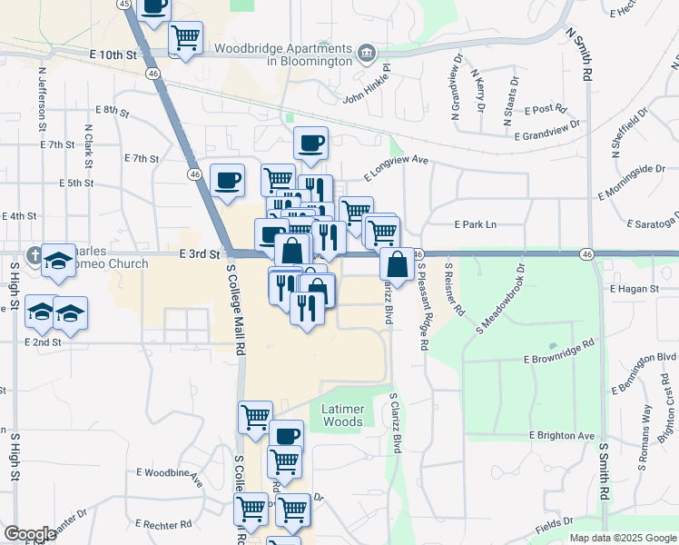 map of restaurants, bars, coffee shops, grocery stores, and more near 301 South Kingston Drive in Bloomington