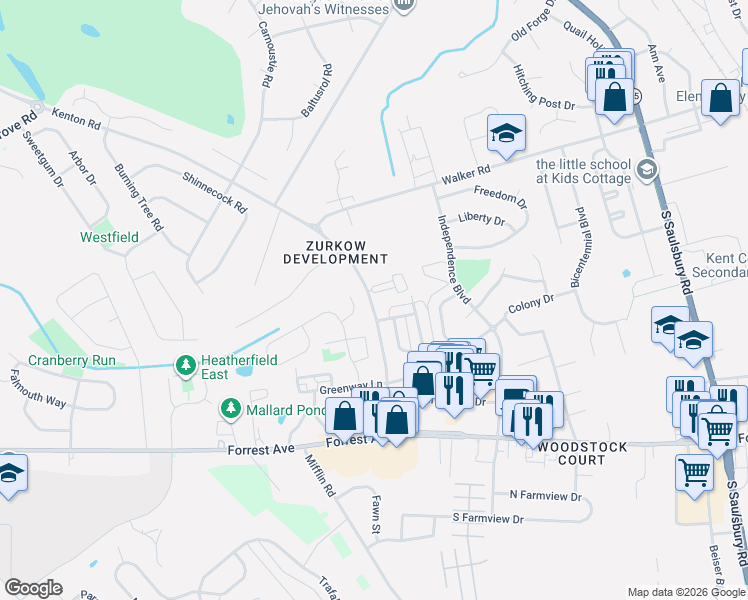 map of restaurants, bars, coffee shops, grocery stores, and more near 12 Harlech Hall in Dover