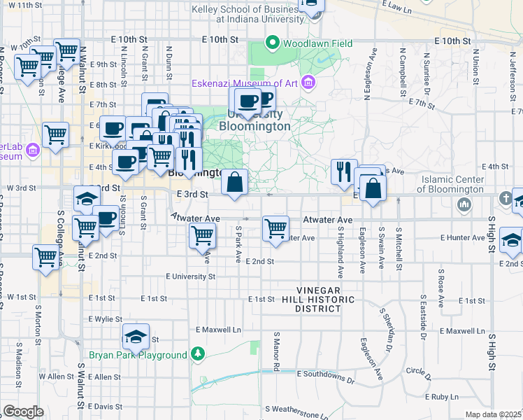 map of restaurants, bars, coffee shops, grocery stores, and more near 130 South Woodlawn Avenue in Bloomington