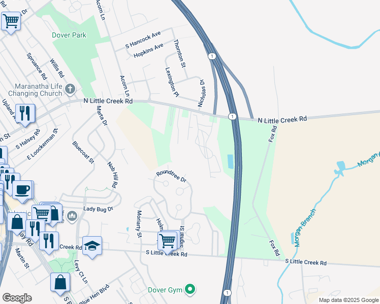 map of restaurants, bars, coffee shops, grocery stores, and more near 241 Rojan Road in Dover