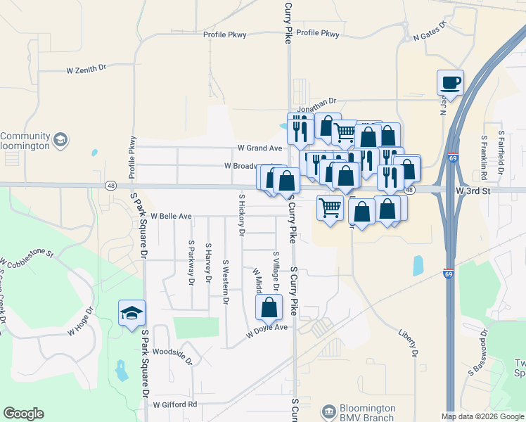 map of restaurants, bars, coffee shops, grocery stores, and more near 4126 West Belle Avenue in Bloomington
