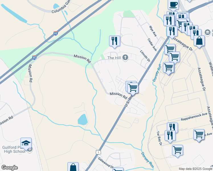 map of restaurants, bars, coffee shops, grocery stores, and more near 8216 Mission Road in Jessup