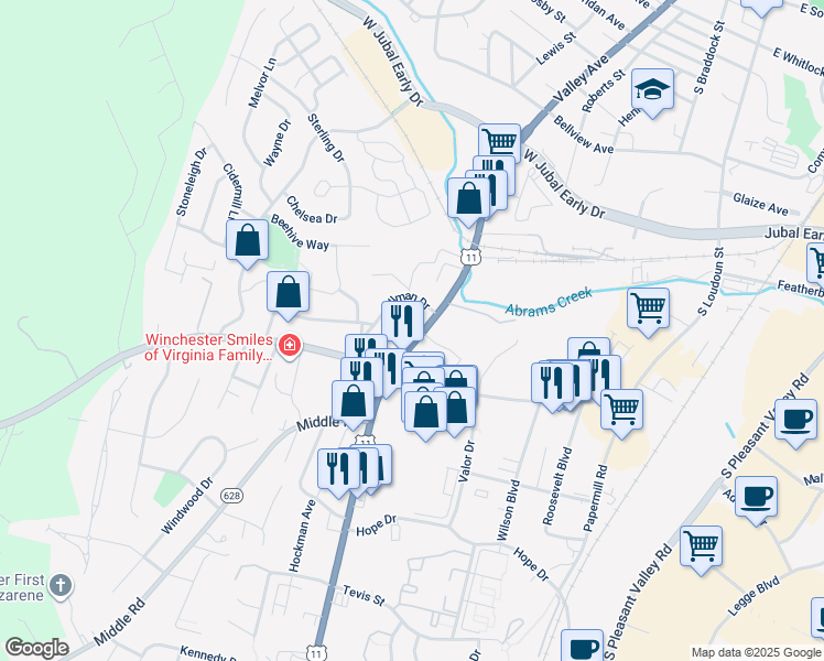map of restaurants, bars, coffee shops, grocery stores, and more near 2117 Valley Avenue in Winchester