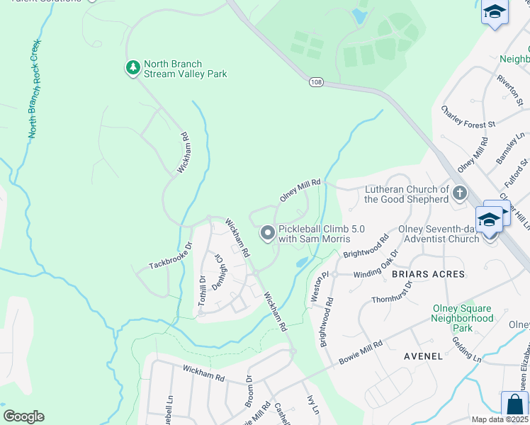 map of restaurants, bars, coffee shops, grocery stores, and more near 4610 Ripley Manor Terrace in Olney