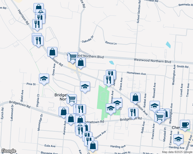 map of restaurants, bars, coffee shops, grocery stores, and more near 3977 Raceview Avenue in Cincinnati
