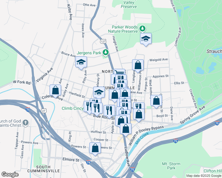 map of restaurants, bars, coffee shops, grocery stores, and more near 1630 Chase Avenue in Cincinnati
