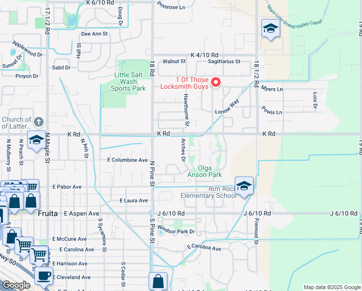 map of restaurants, bars, coffee shops, grocery stores, and more near 361 Arches Drive in Fruita