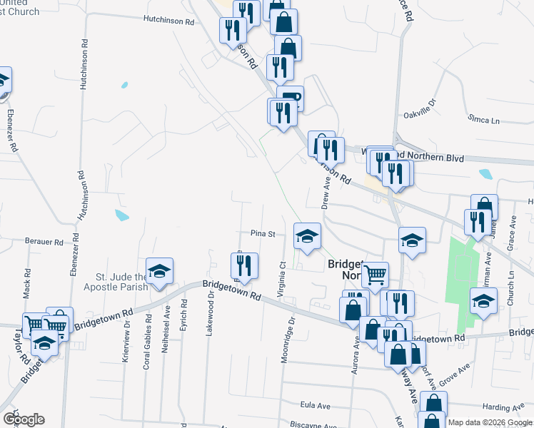 map of restaurants, bars, coffee shops, grocery stores, and more near 3948 Ridgecombe Drive in Cincinnati