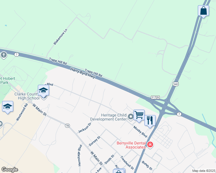 map of restaurants, bars, coffee shops, grocery stores, and more near 206 Rice Street in Berryville
