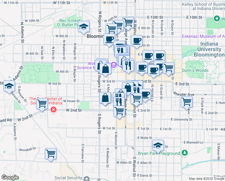 map of restaurants, bars, coffee shops, grocery stores, and more near 325 South Madison Street in Bloomington