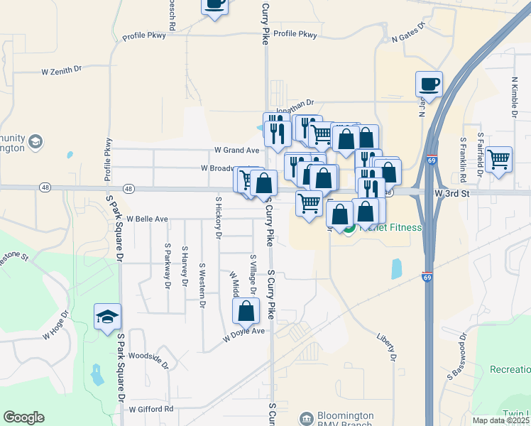map of restaurants, bars, coffee shops, grocery stores, and more near 390 South Curry Pike in Bloomington