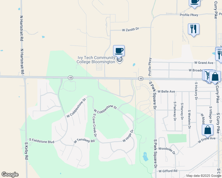 map of restaurants, bars, coffee shops, grocery stores, and more near 225 Spriggs Boulevard in Bloomington
