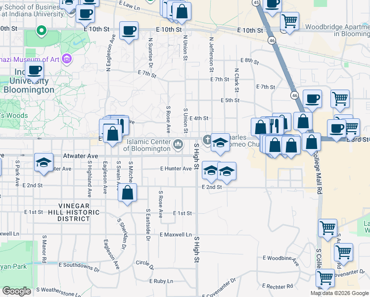 map of restaurants, bars, coffee shops, grocery stores, and more near 307 South Clifton Avenue in Bloomington