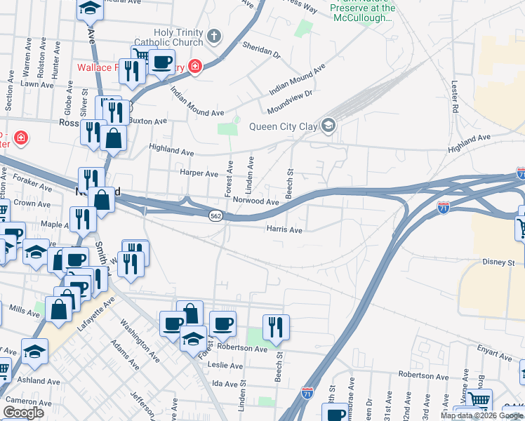 map of restaurants, bars, coffee shops, grocery stores, and more near 4819 Lloyd Avenue in Cincinnati