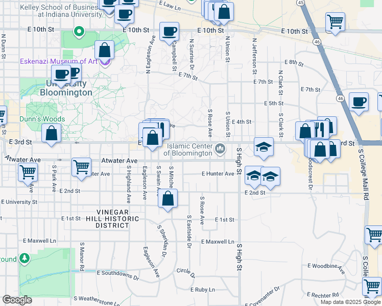 map of restaurants, bars, coffee shops, grocery stores, and more near 314 South Arbutus Drive in Bloomington