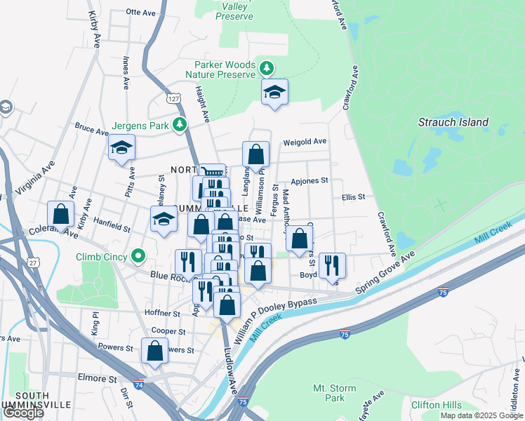 map of restaurants, bars, coffee shops, grocery stores, and more near 4210 Williamson Place in Cincinnati