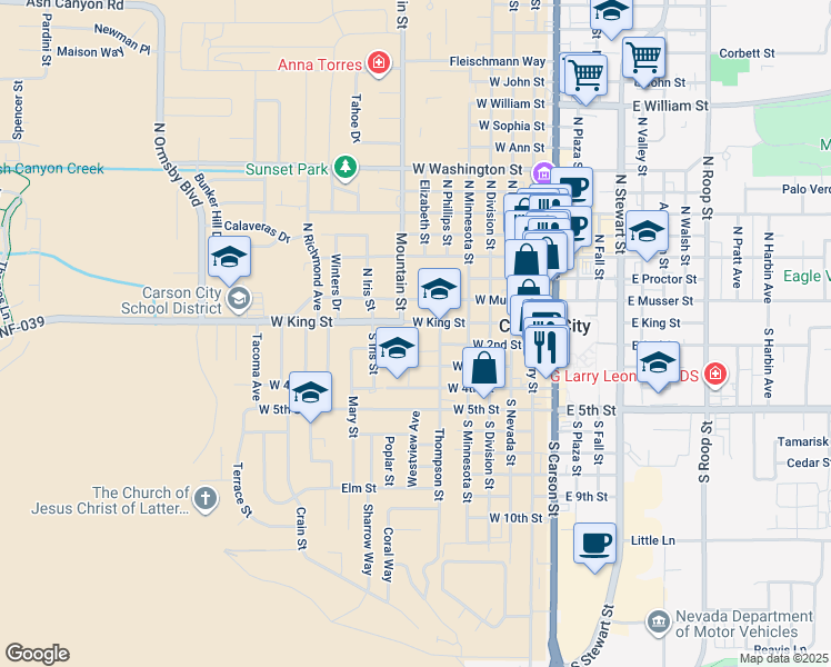 map of restaurants, bars, coffee shops, grocery stores, and more near 110 Thompson Street in Carson City