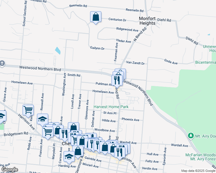 map of restaurants, bars, coffee shops, grocery stores, and more near 3607 Puhlman Avenue in Cincinnati
