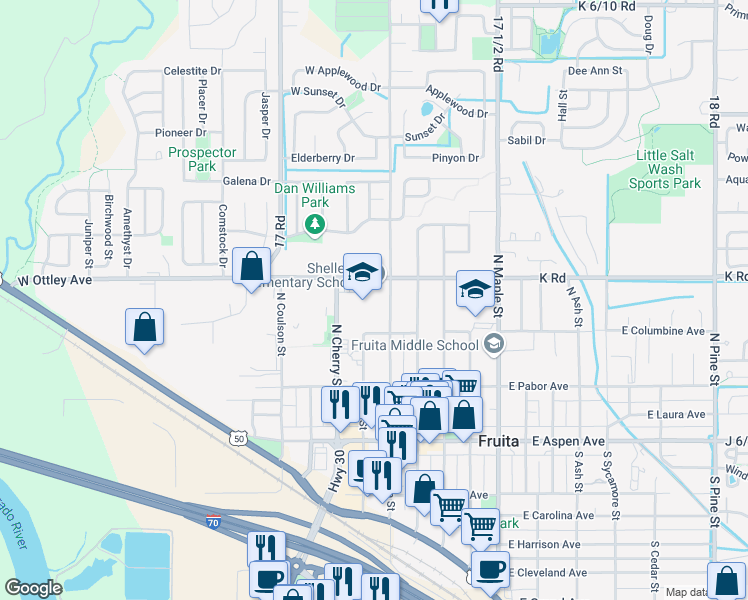 map of restaurants, bars, coffee shops, grocery stores, and more near 353 North Mesa Street in Fruita