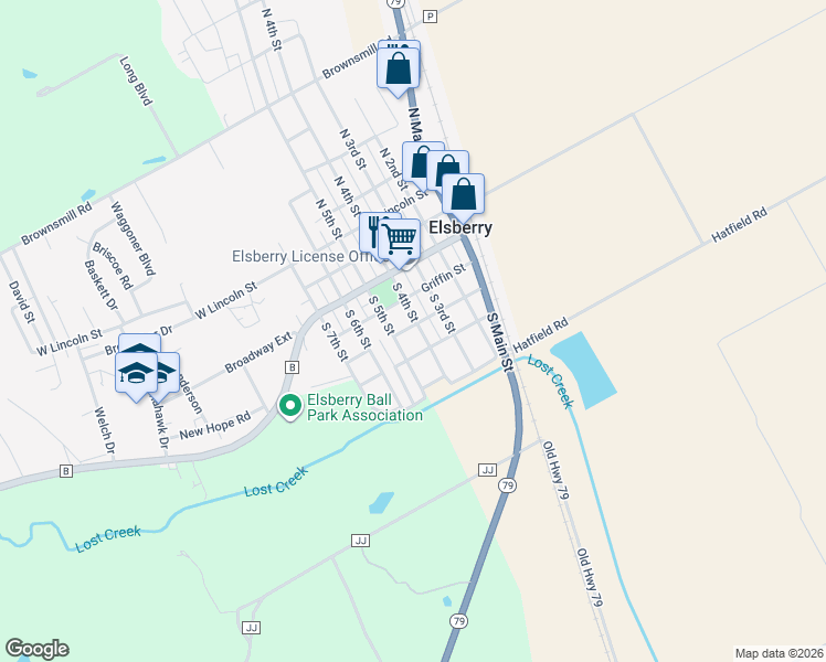 map of restaurants, bars, coffee shops, grocery stores, and more near 301 South 4th Street in Elsberry