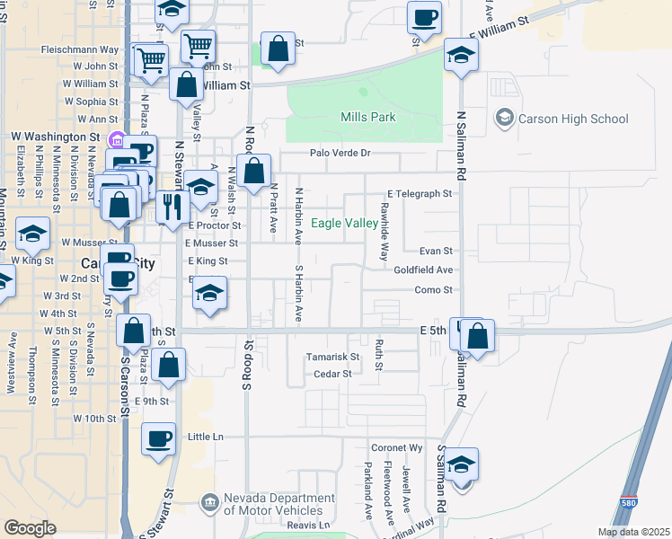 map of restaurants, bars, coffee shops, grocery stores, and more near 1101 Goldfield Avenue in Carson City