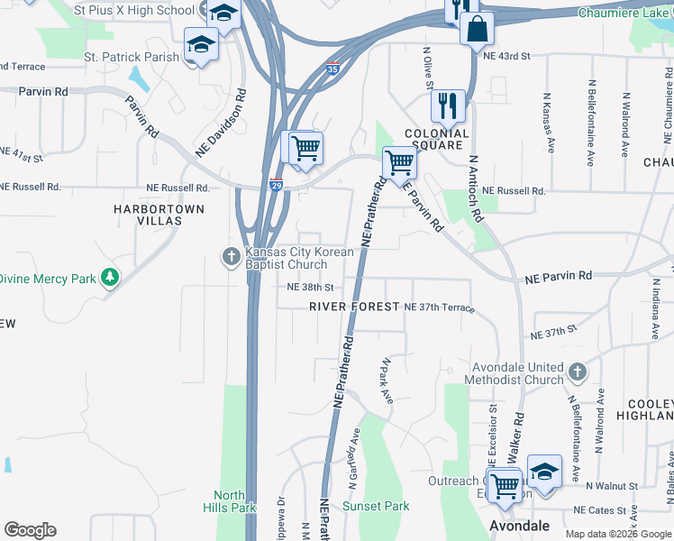 map of restaurants, bars, coffee shops, grocery stores, and more near 3814 North Garfield Avenue in Kansas City