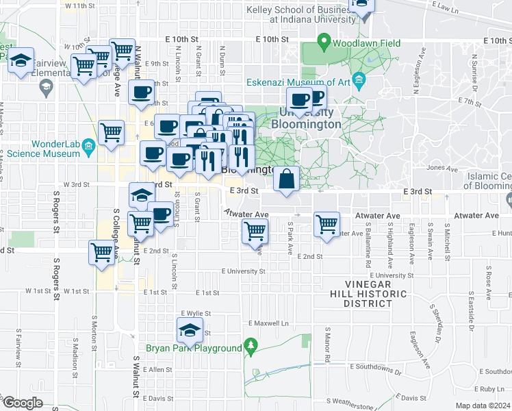 map of restaurants, bars, coffee shops, grocery stores, and more near 630 East 3rd Street in Bloomington