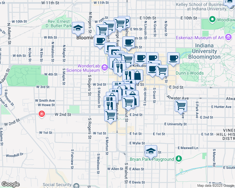 map of restaurants, bars, coffee shops, grocery stores, and more near 343 South College Avenue in Bloomington