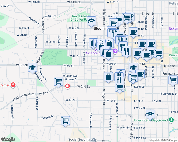 map of restaurants, bars, coffee shops, grocery stores, and more near 324 South Fairview Street in Bloomington