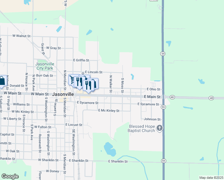 map of restaurants, bars, coffee shops, grocery stores, and more near 130 North Walker Street in Jasonville