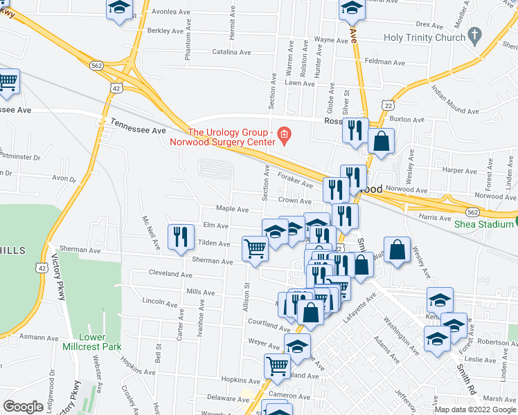 map of restaurants, bars, coffee shops, grocery stores, and more near 4733 Section Avenue in Cincinnati