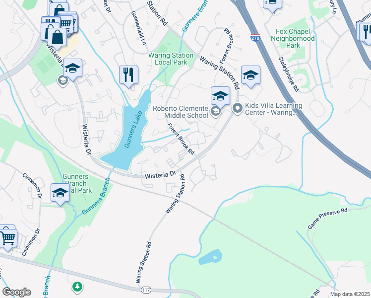 map of restaurants, bars, coffee shops, grocery stores, and more near 12220 Eagles Nest Court in Germantown