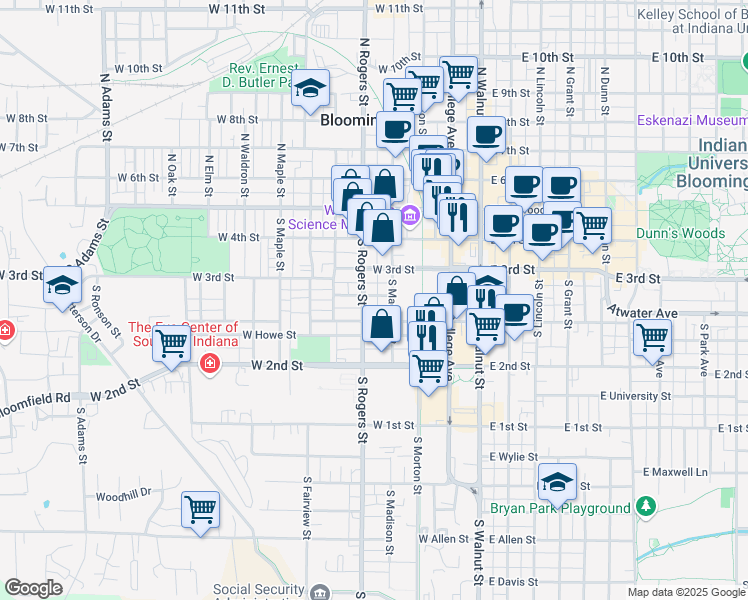 map of restaurants, bars, coffee shops, grocery stores, and more near 417 West Prospect Street in Bloomington