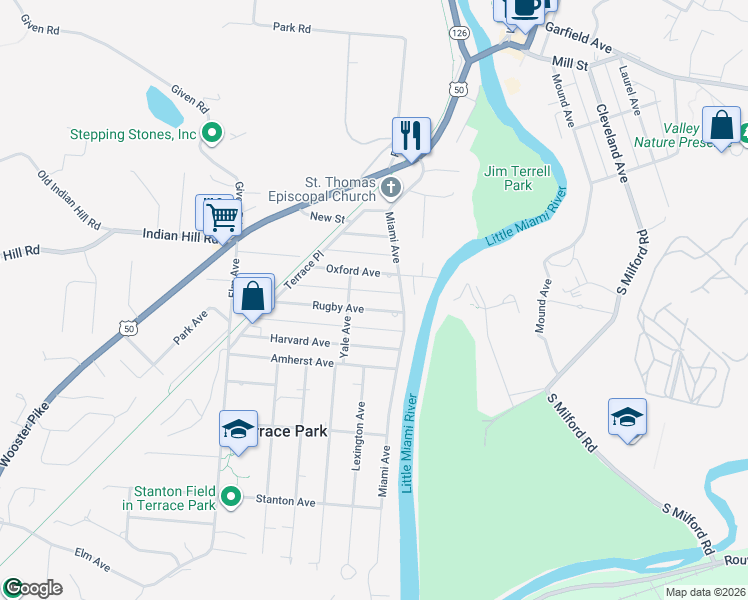map of restaurants, bars, coffee shops, grocery stores, and more near 210 Rugby Avenue in Terrace Park