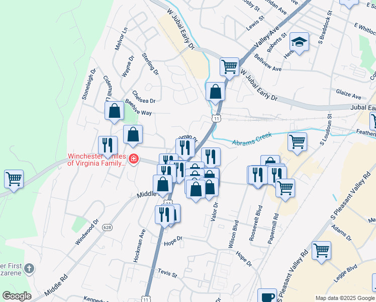 map of restaurants, bars, coffee shops, grocery stores, and more near 2117 Valley Avenue in Winchester