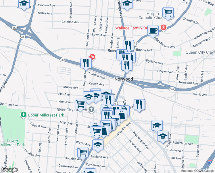 map of restaurants, bars, coffee shops, grocery stores, and more near 4747 Montgomery Road in Cincinnati