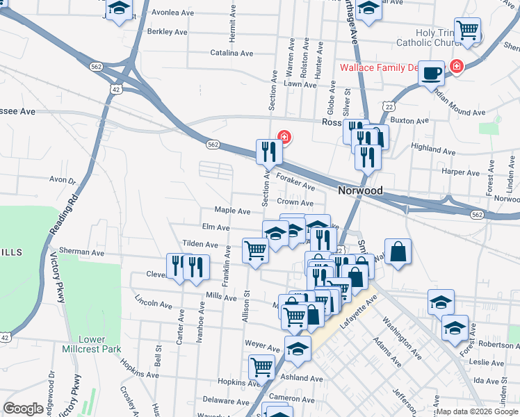 map of restaurants, bars, coffee shops, grocery stores, and more near 4733 Section Avenue in Cincinnati