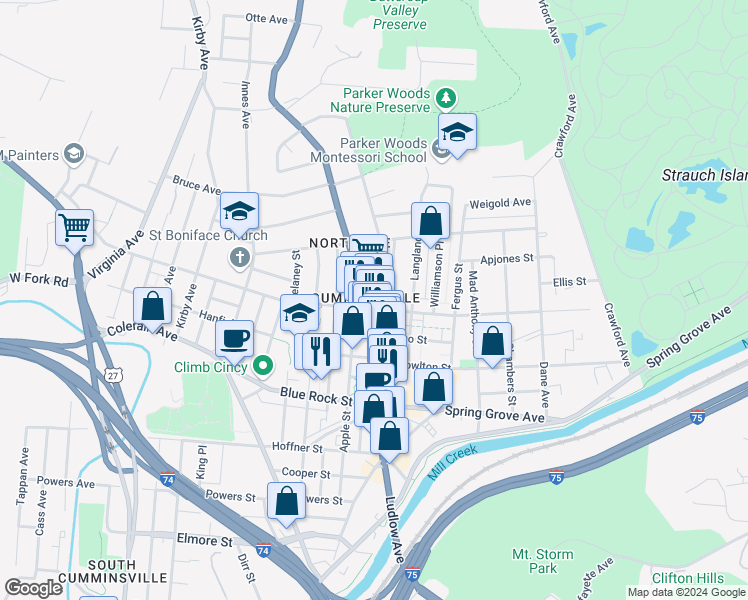 map of restaurants, bars, coffee shops, grocery stores, and more near in Cincinnati