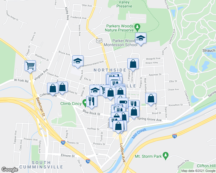 map of restaurants, bars, coffee shops, grocery stores, and more near 1636 Chase Avenue in Cincinnati