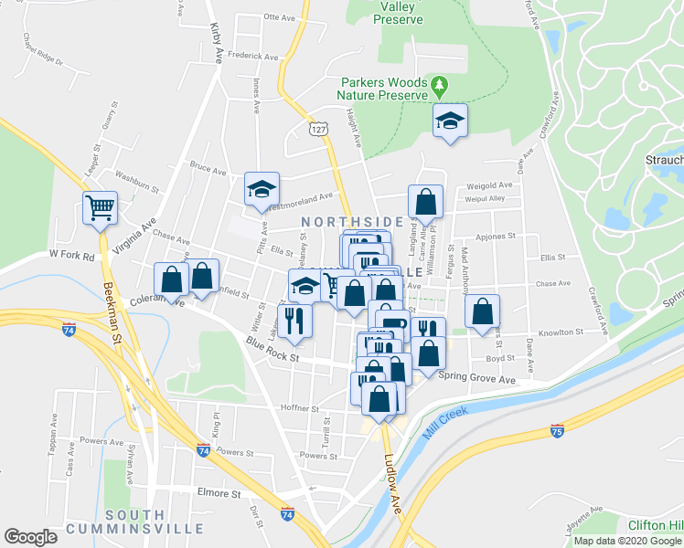 map of restaurants, bars, coffee shops, grocery stores, and more near 1636 Chase Avenue in Cincinnati