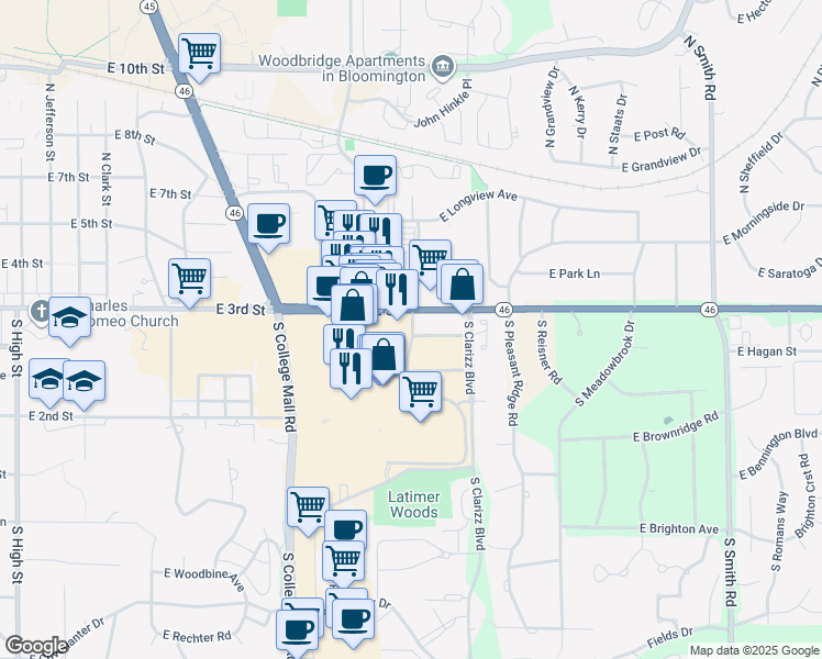 map of restaurants, bars, coffee shops, grocery stores, and more near 301-399 Kingston Dr S in Bloomington