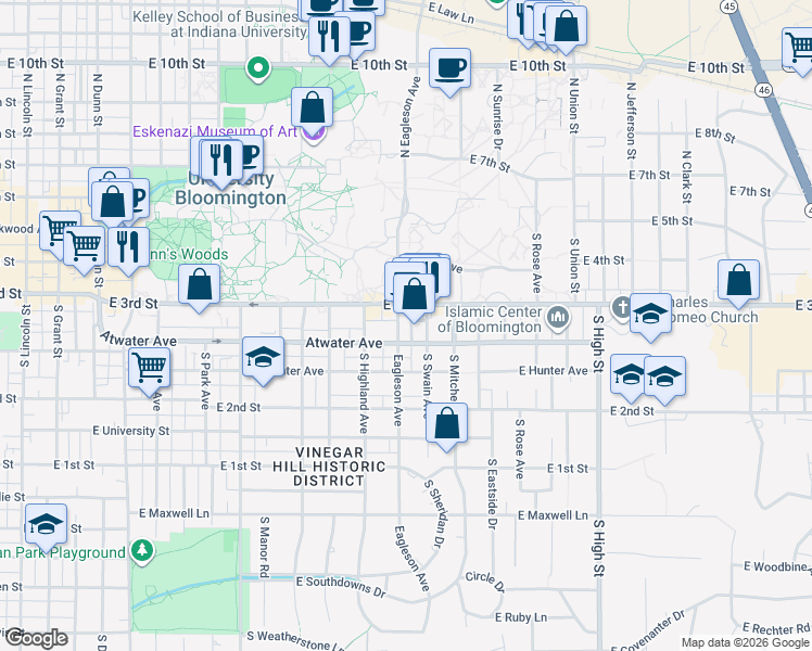 map of restaurants, bars, coffee shops, grocery stores, and more near 1500 East 3rd Street in Bloomington