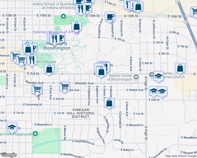 map of restaurants, bars, coffee shops, grocery stores, and more near 1500 East 3rd Street in Bloomington
