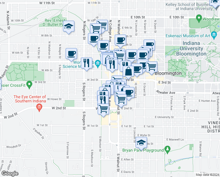 map of restaurants, bars, coffee shops, grocery stores, and more near 343 South College Avenue in Bloomington