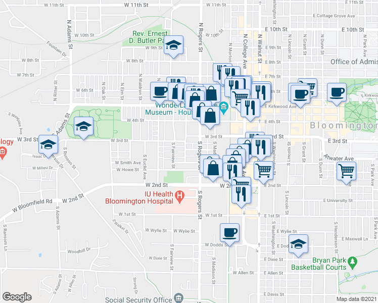 map of restaurants, bars, coffee shops, grocery stores, and more near 329 South Jackson Street in Bloomington