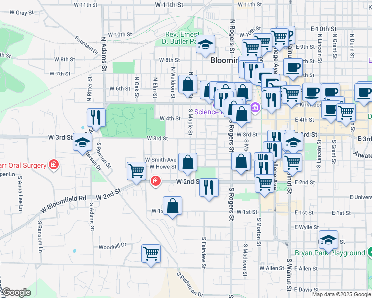 map of restaurants, bars, coffee shops, grocery stores, and more near 330 South Maple Street in Bloomington
